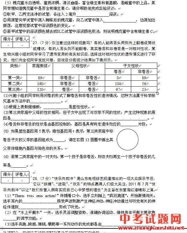 2012東營(yíng)中考生物試卷